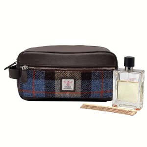 Harris Tweed Gents Wash Bag Blue & Brown Check