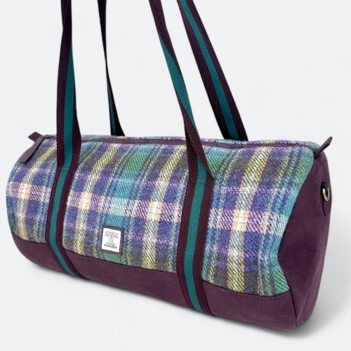 Harris Tweed Barrell Holdall Green and Purple Check