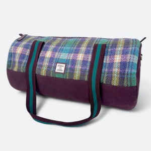 Harris Tweed Barrell Holdall Green and Purple Check