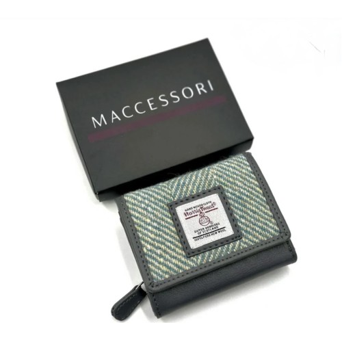 Harris Tweed Trifold Purse Turquoise Herringbone