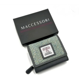 Harris Tweed Trifold Purse Turquoise Herringbone