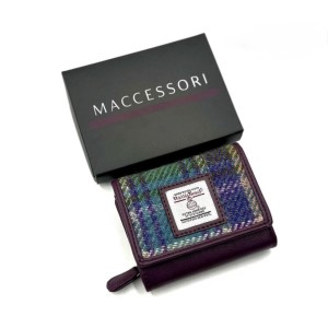 Harris Tweed Trifold Purse Green and Purple Check