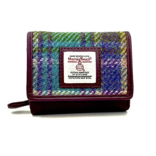 Harris Tweed Trifold Purse Green and Purple Check