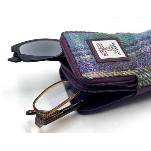 Harris Tweed Double Glasses Sleeve Green and Purple Check